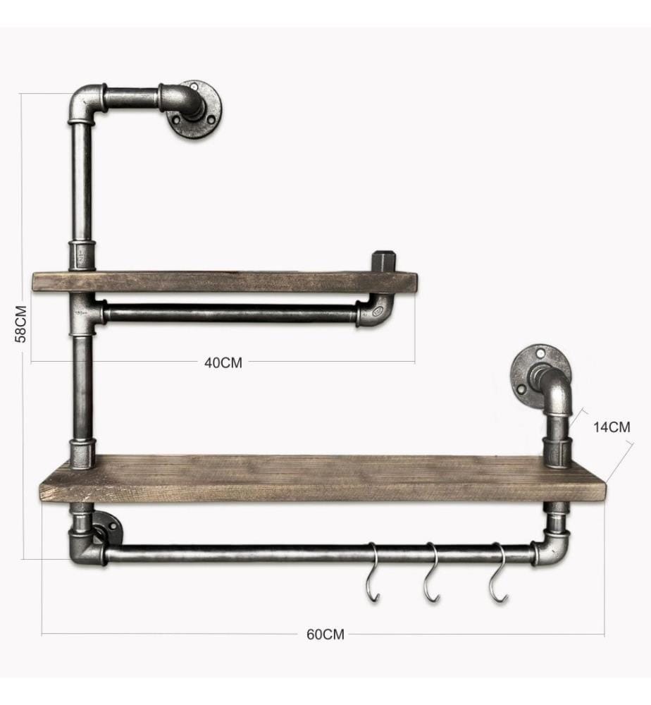Pipe Shelf, Black, Walnut, Spruce Wood, Metal Pipe