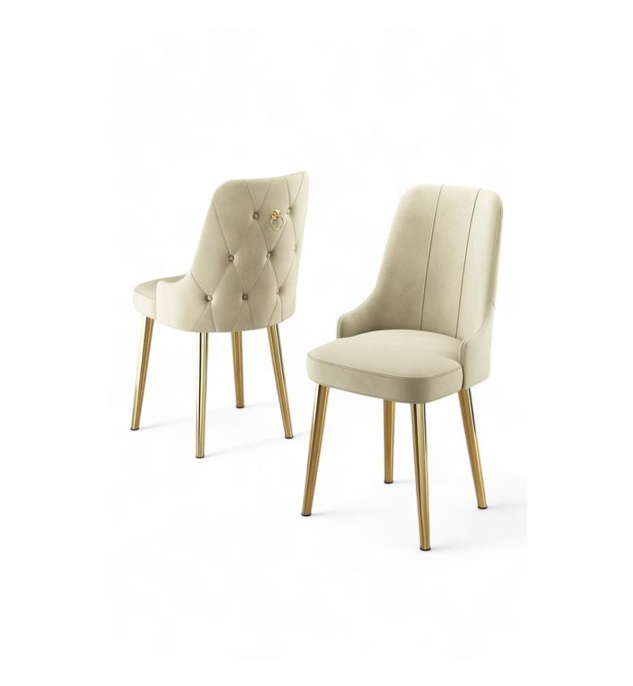 Ensemble de chaises, 6 pièces, crème, or, cadre : 100% BOIS, Tissu : Babyface, pieds en bois de charme