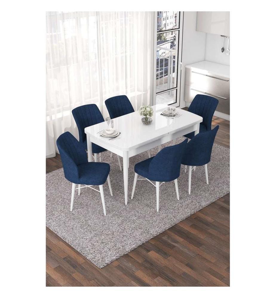Set da pranzo allungabile con tavolo e sedie, 7 pezzi, bianco e blu navy, 100% MDF