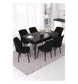 Set tavolo e sedie da pranzo allungabili, 7 pezzi, marmo nero, nero, 100% MDF