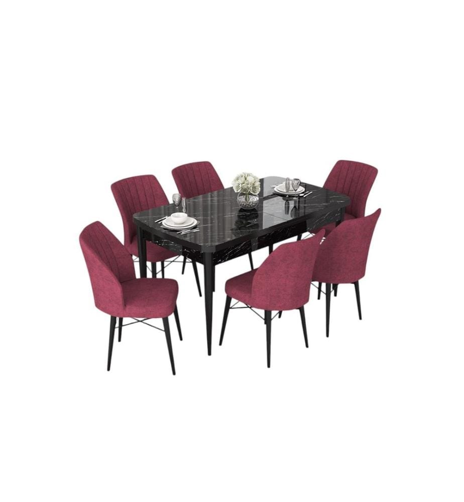 Set da pranzo allungabile con tavolo e sedie, 7 pezzi, marmo nero, bordeaux, 100% MDF