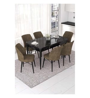 Set da pranzo allungabile con tavolo e sedie, 7 pezzi, marmo nero, marrone, 100% MDF