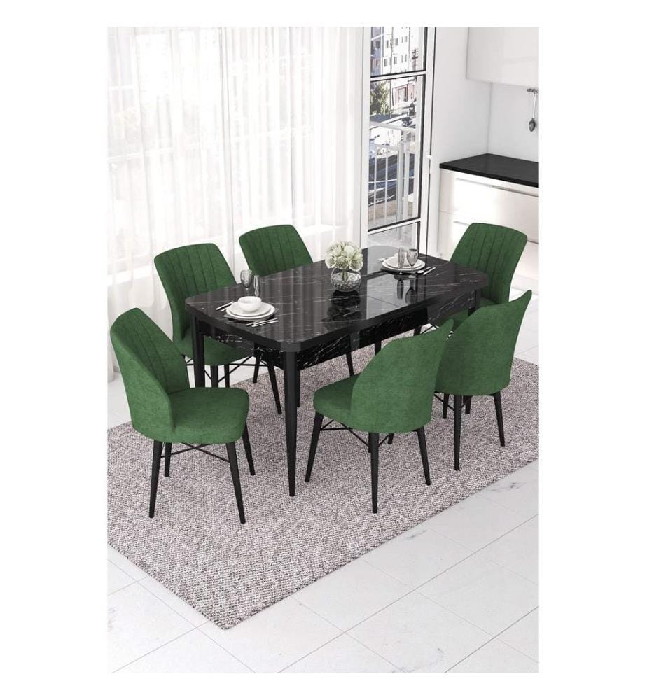 Extendable Dining Table & Chairs Set, 7 Pieces, Black Marble, Khaki, 100% MDF