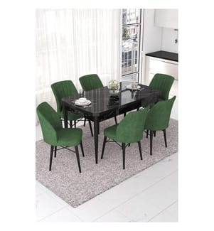 Set da pranzo allungabile con tavolo e sedie, 7 pezzi, marmo nero, kaki, 100% MDF