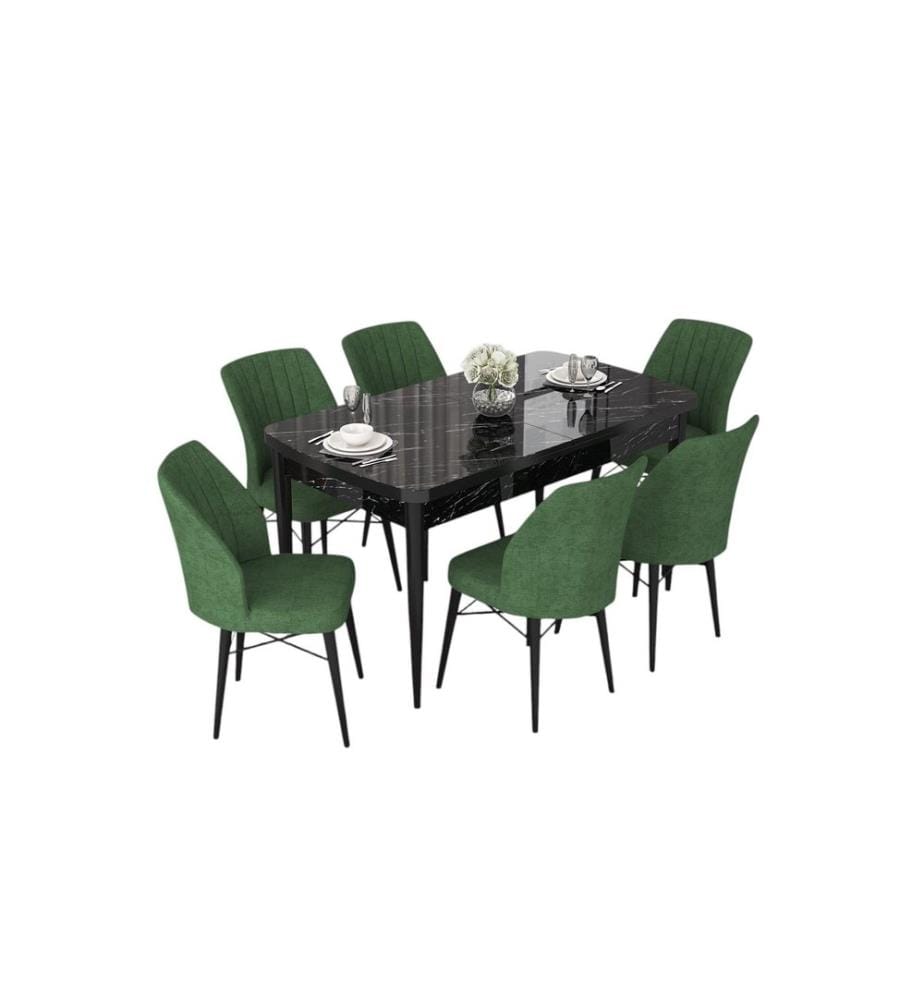 Extendable Dining Table & Chairs Set, 7 Pieces, Black Marble, Khaki, 100% MDF