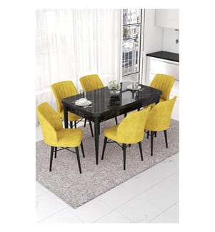 Set da pranzo allungabile con tavolo e sedie, 7 pezzi, marmo nero, senape, 100% MDF