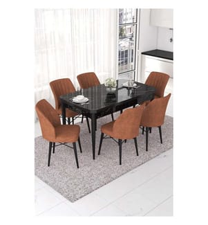 Set da pranzo allungabile con tavolo e sedie, 7 pezzi, marmo nero, piastrelle rosse, 100% MDF