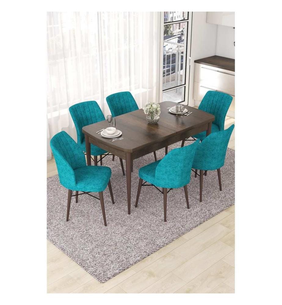 Ensemble table et chaises à rallonge, 7 pièces, Baroque, Turquoise, 100% MDF