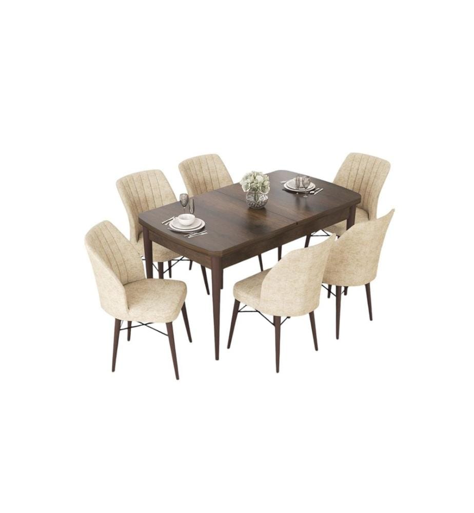 Set da pranzo allungabile con tavolo e sedie, 7 pezzi, stile barocco, color crema, 100% MDF