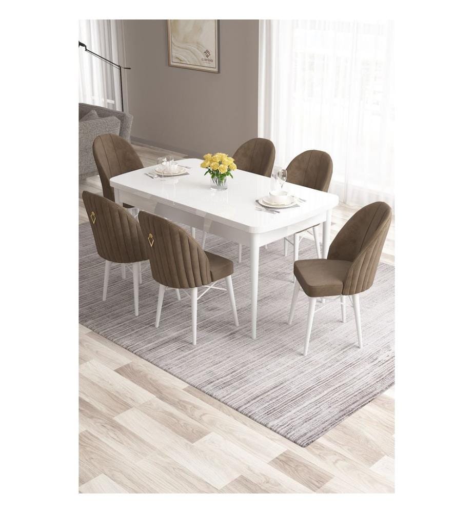 Ensemble table et chaises de salle à manger extensible, 7 pièces, blanc, marron, 100% MDF