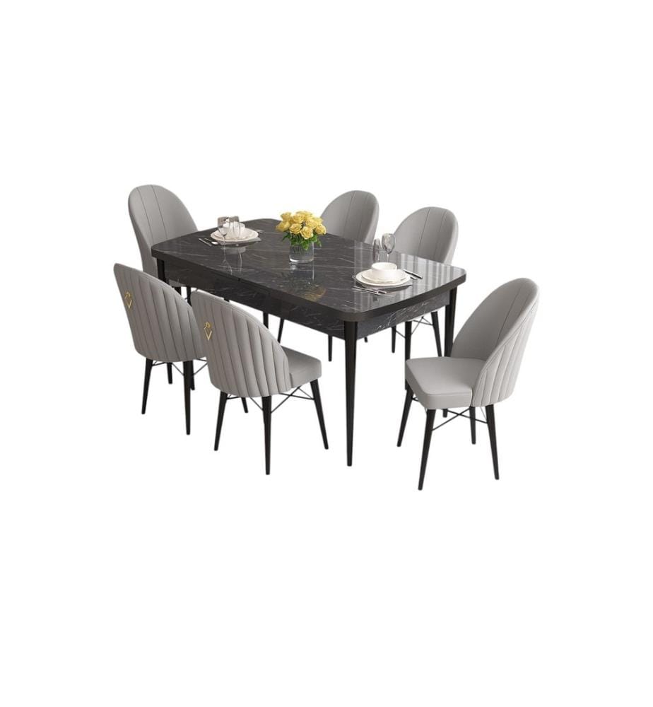 Set tavolo e sedie da pranzo allungabili, 7 pezzi, marmo nero, grigio, 100% MDF