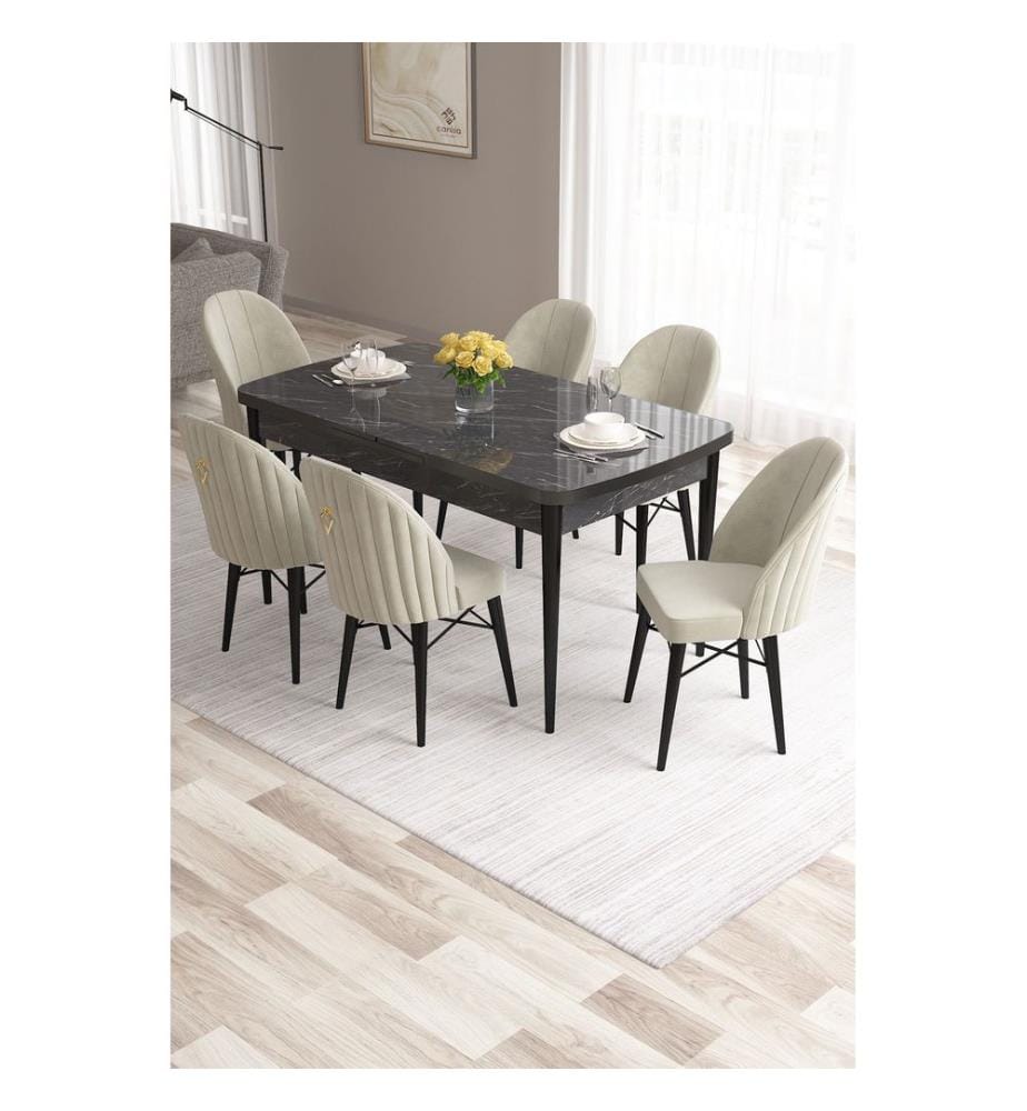 Ensemble table et chaises de salle à manger extensible, 7 pièces, marbre noir, crème, 100% MDF