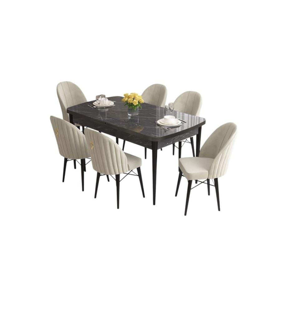 Ensemble table et chaises de salle à manger extensible, 7 pièces, marbre noir, crème, 100% MDF