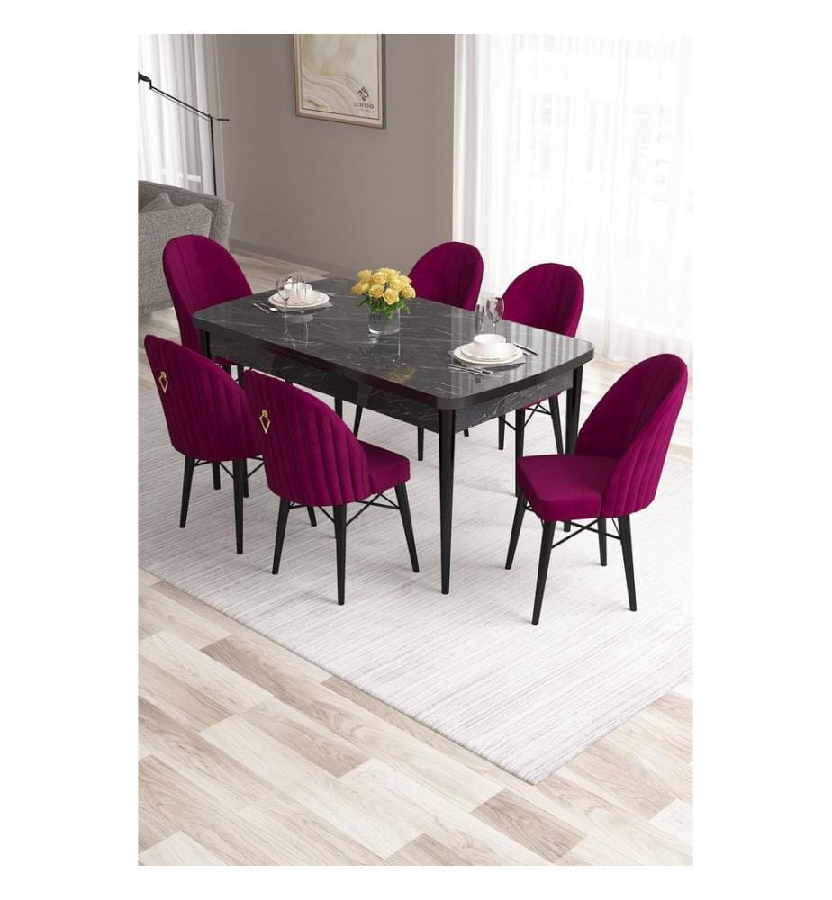 Ensemble table et chaises de salle à manger extensible, 7 pièces, marbre noir, Damson, 100% MDF