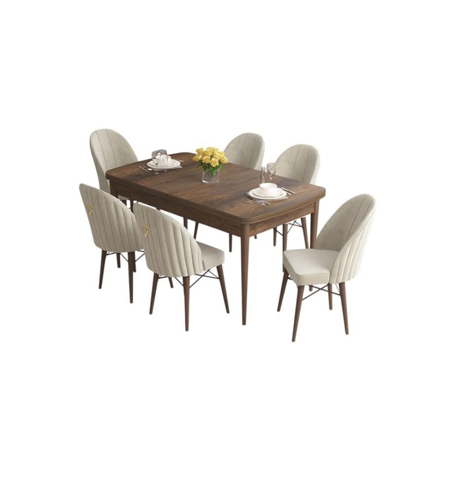 Ensemble table et chaises de salle à manger extensible, 7 pièces, Baroque, Crème, 100% MDF