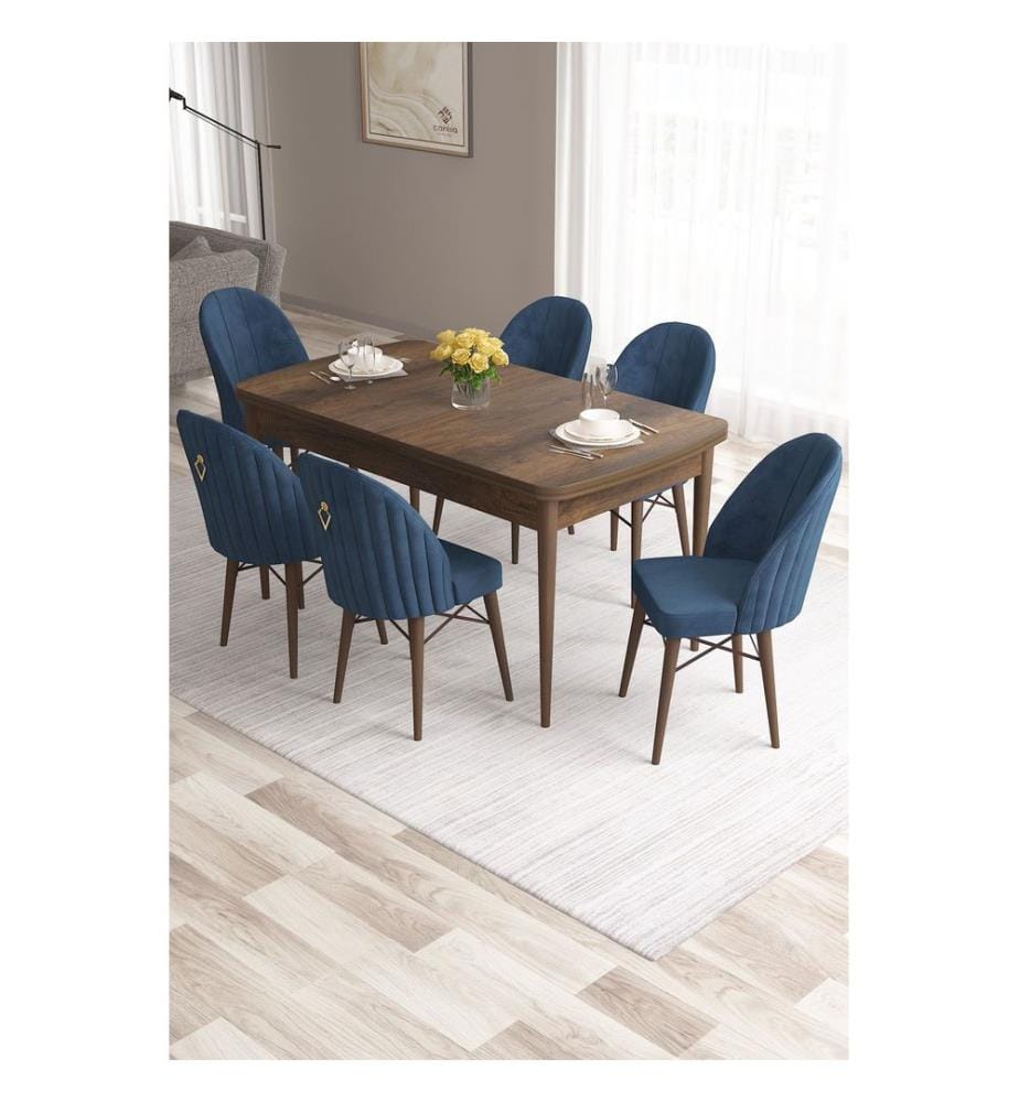 Set da pranzo allungabile con tavolo e sedie, 7 pezzi, stile barocco, blu navy, 100% MDF