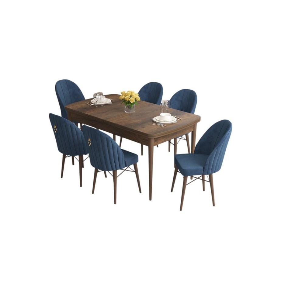 Set da pranzo allungabile con tavolo e sedie, 7 pezzi, stile barocco, blu navy, 100% MDF