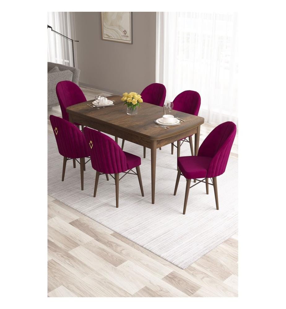 Ensemble table et chaises de salle à manger extensible, 7 pièces, Baroque, Damson, 100% MDF