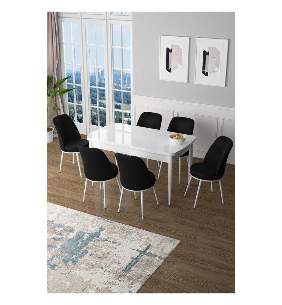 Set da pranzo allungabile con tavolo e sedie, 7 pezzi, bianco e nero, 100% MDF