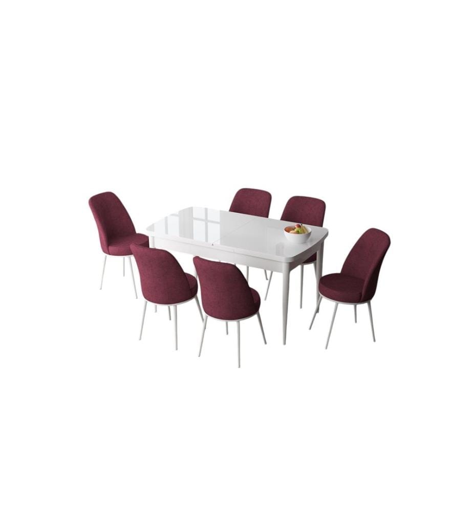 Set da pranzo allungabile con tavolo e sedie, 7 pezzi, bianco e bordeaux, 100% MDF