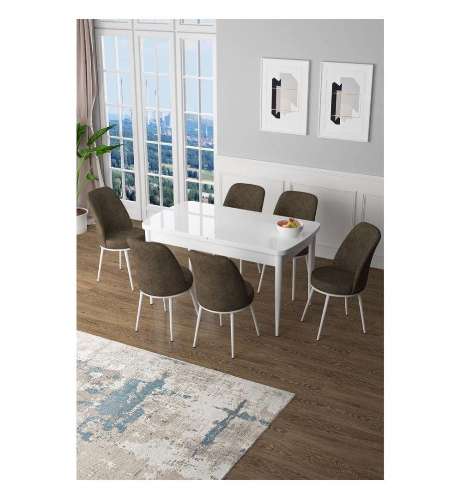 Set tavolo e sedie da pranzo allungabili, 7 pezzi, bianco, marrone, 100% MDF