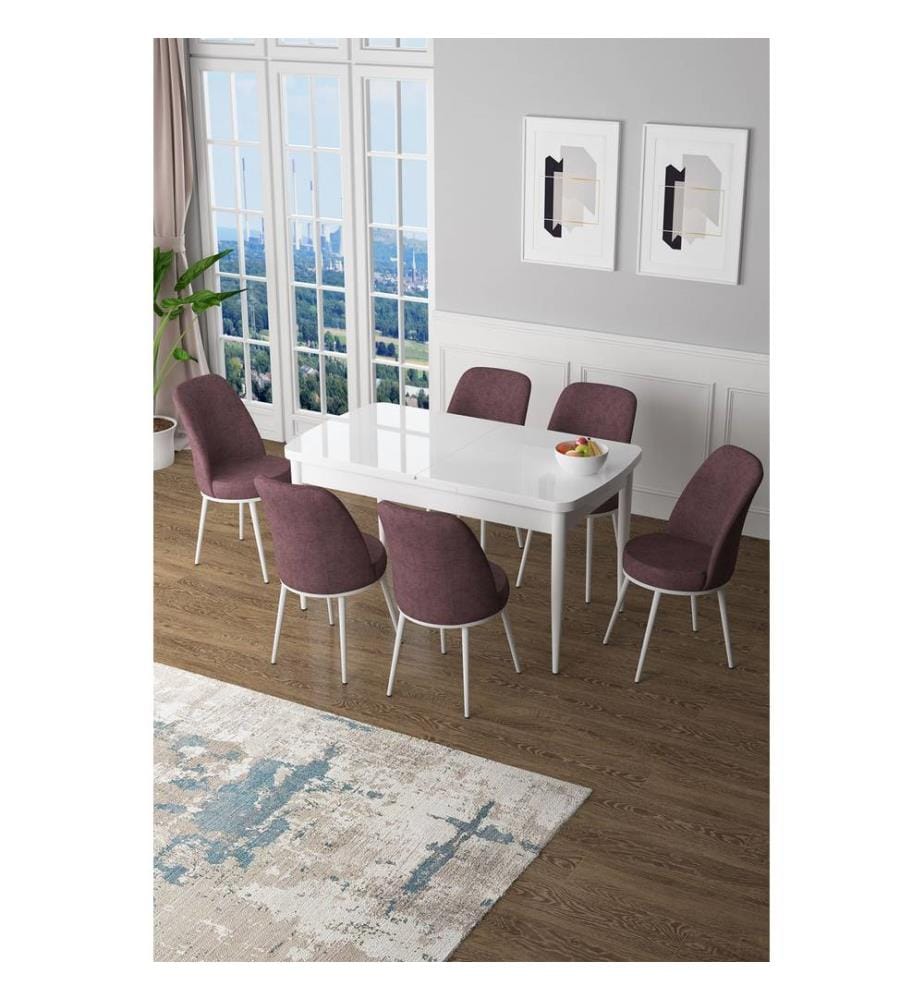 Ensemble table et chaises de salle à manger extensible, 7 pièces, blanc, Dusty Rose, 100% MDF