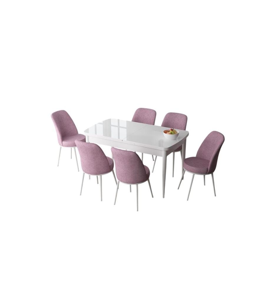 Set da pranzo allungabile con tavolo e sedie, 7 pezzi, bianco e rosa, 100% MDF