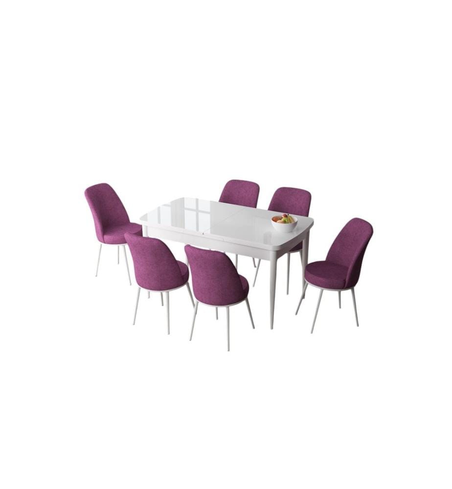 Set da pranzo allungabile con tavolo e sedie, 7 pezzi, bianco e viola, 100% MDF