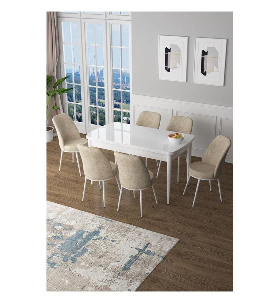 Ensemble table et chaises de salle à manger extensible, 7 pièces, blanc, crème, 100% MDF