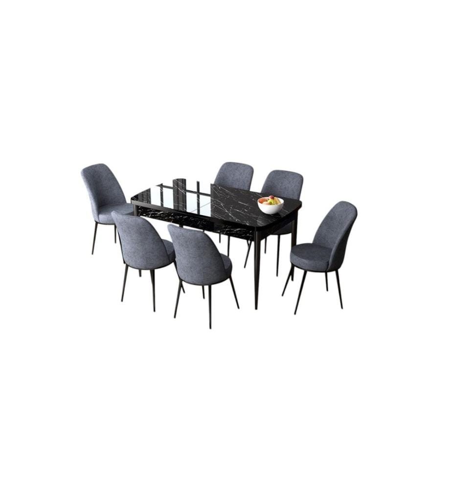 Ensemble table et chaises de salle à manger extensible, 7 pièces, marbre noir, fumée, 100% MDF