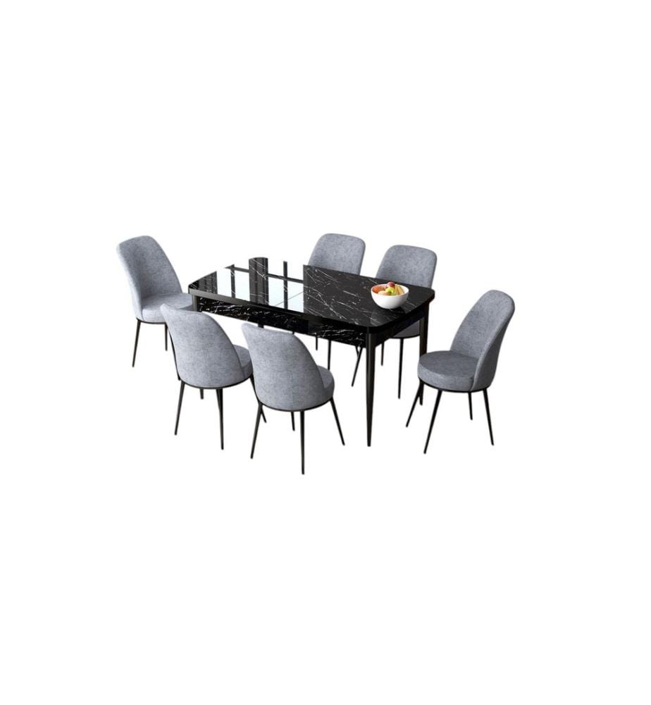 Ensemble table et chaises de salle à manger extensible, 7 pièces, marbre noir, gris, 100% MDF