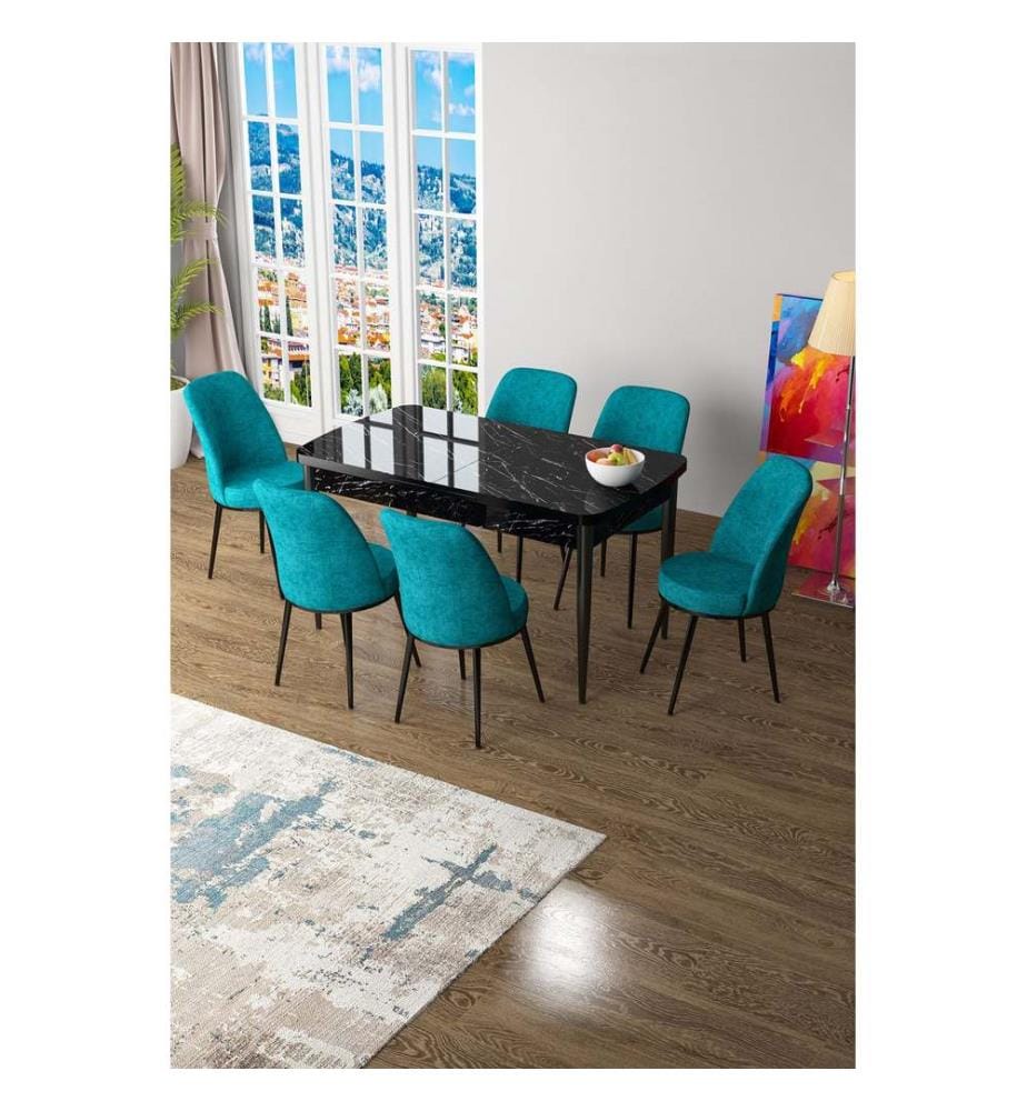 Ensemble table et chaises de salle à manger extensible, 7 pièces, marbre noir, turquoise, 100% MDF