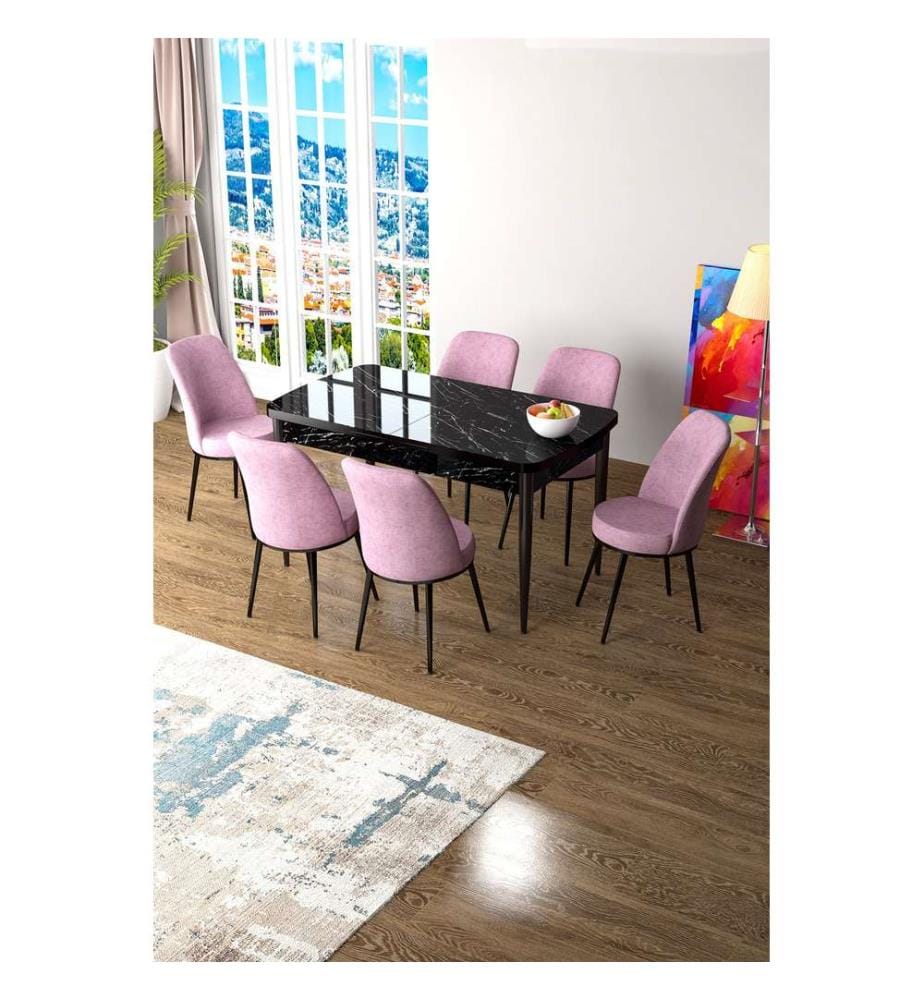 Ensemble table et chaises de salle à manger extensible, 7 pièces, marbre noir, rose, 100% MDF