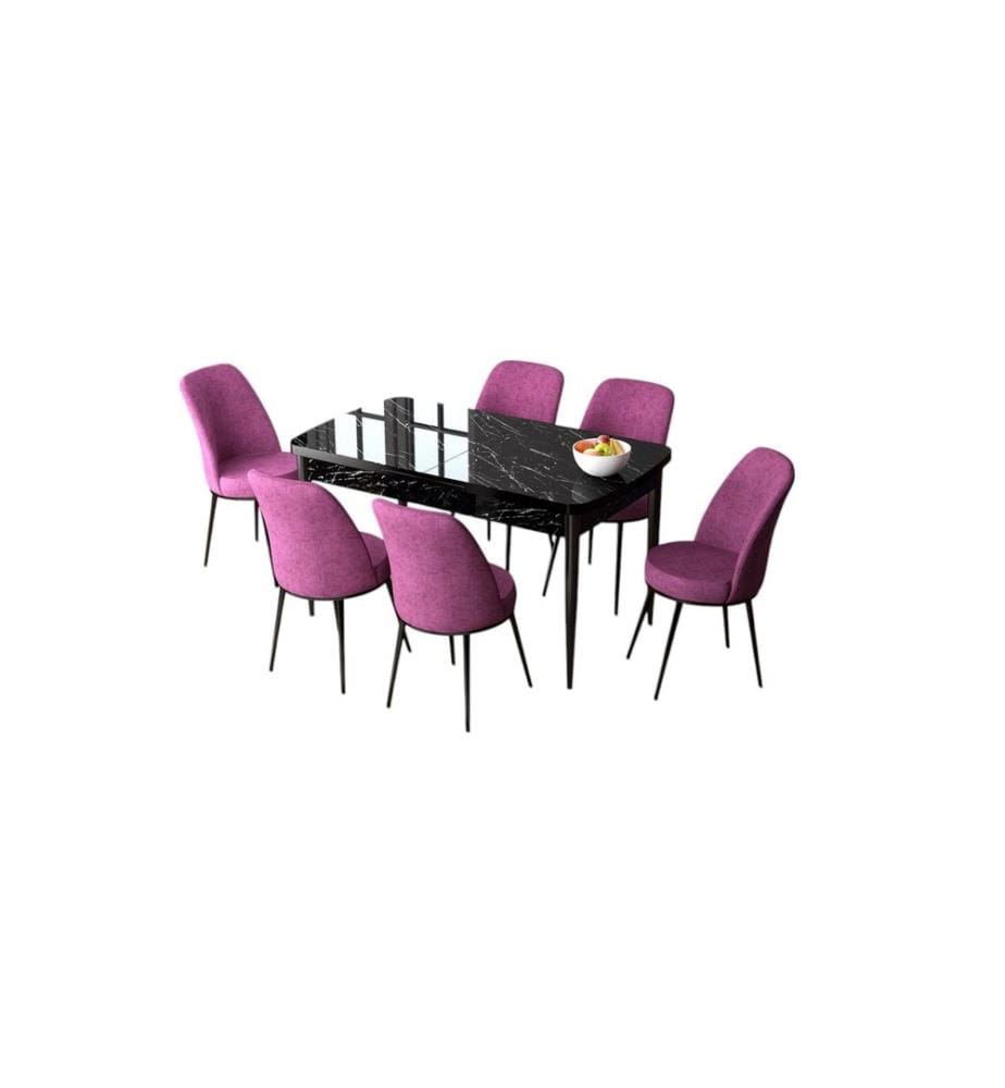 Ensemble table et chaises de salle à manger extensible, 7 pièces, marbre noir, violet, 100% MDF