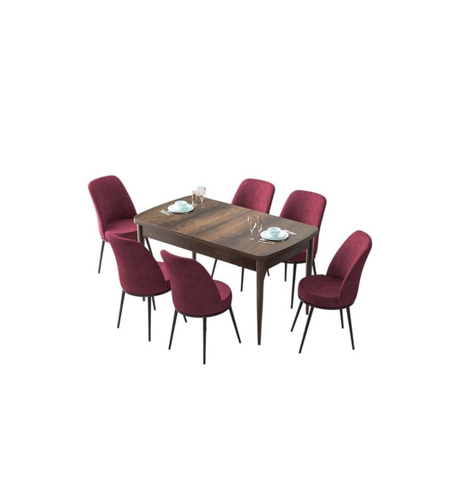 Set tavolo e sedie da pranzo allungabili, 7 pezzi, stile barocco, bordeaux, 100% MDF