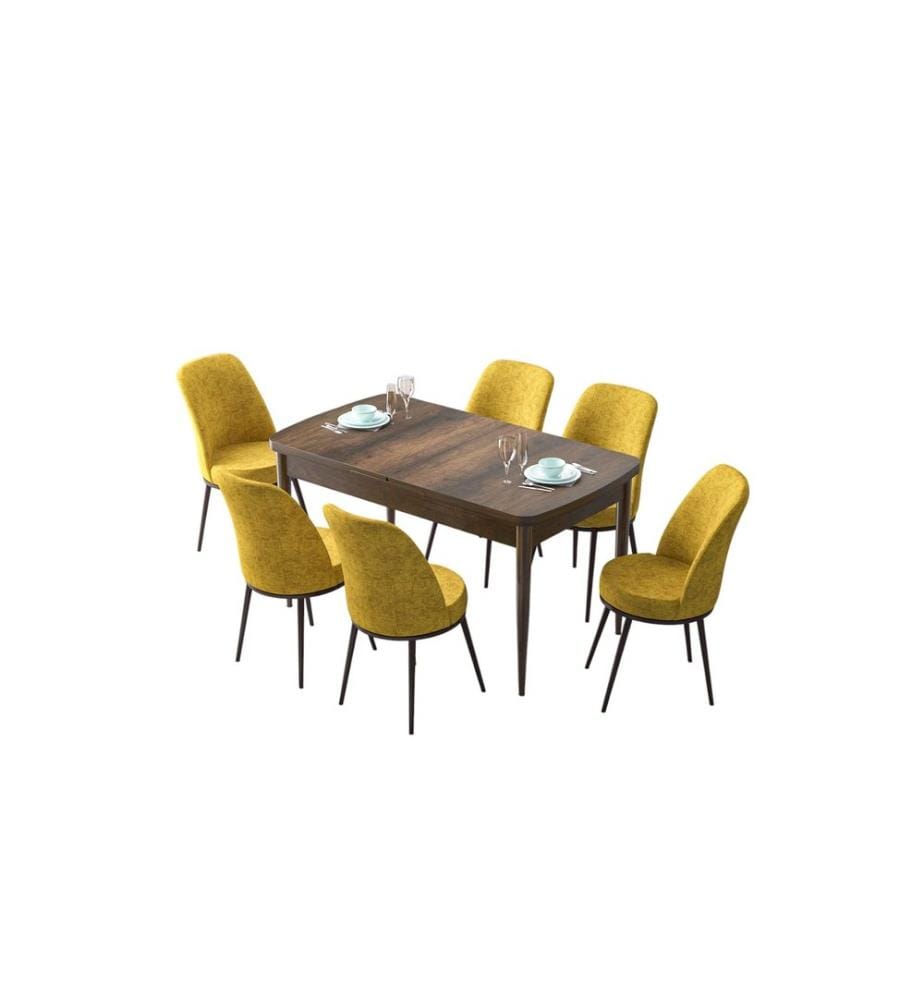 Ensemble table et chaises de salle à manger extensible, 7 pièces, Baroque, Mustard, 100% MDF