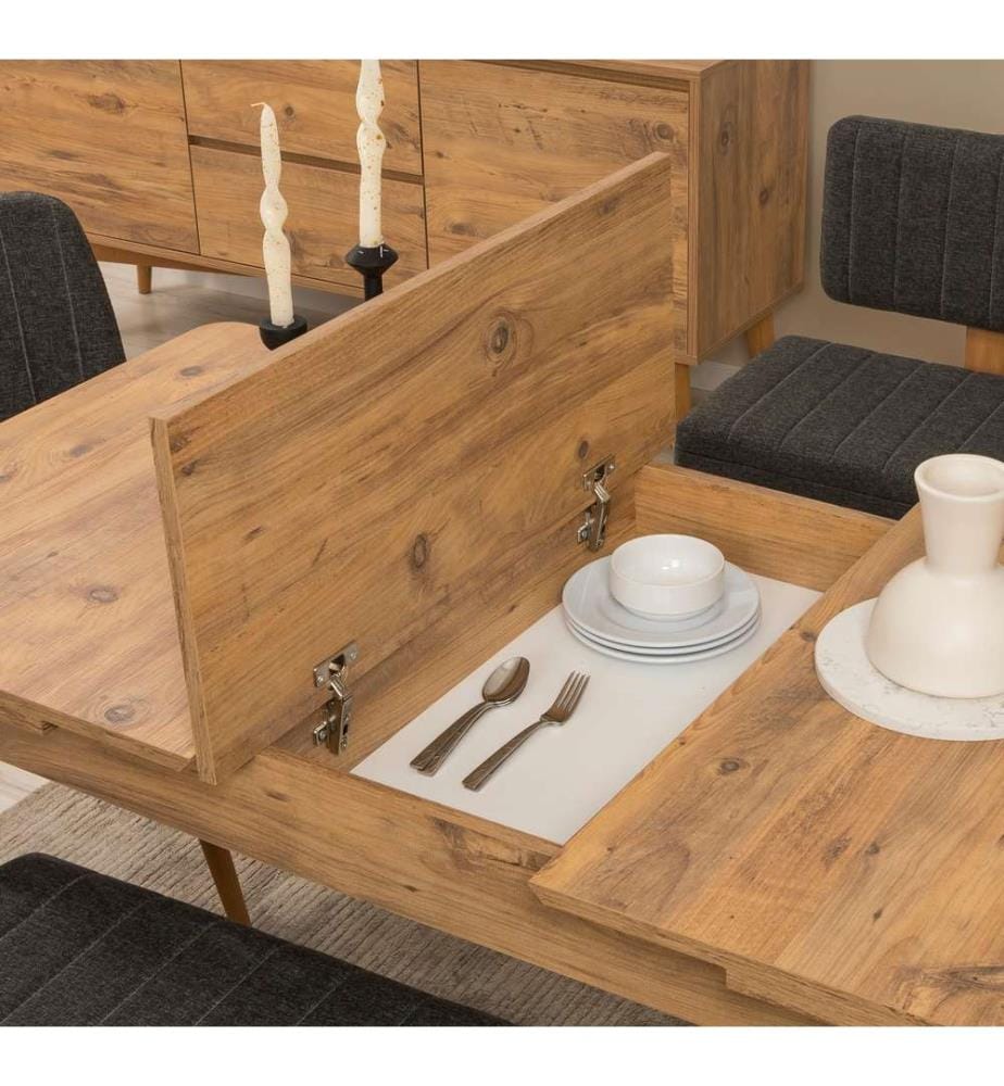 Ensemble table et chaises de salle à manger extensible, 6 pièces, pin atlantique, anthracite, 100% PARTICULES ENDUITES DE MÉLAMINE, tissu : 100% LIN, pieds en bois de charme