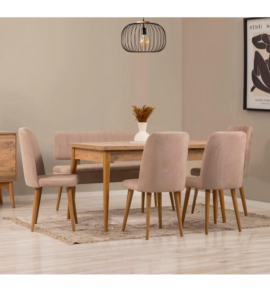 Ensemble table et chaises à rallonges, 6 pièces, pin atlantique, pierre, 100% PARTICULES ENDUITES DE MÉLAMINE, tissu : 100% LIN, pieds en bois de charme