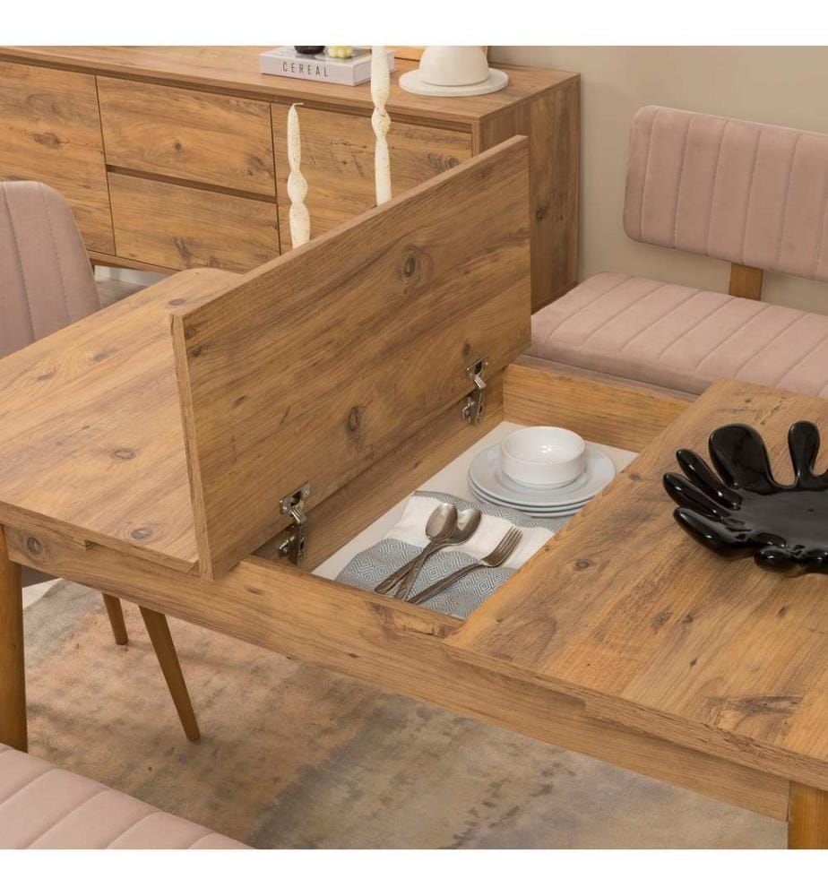 Ensemble table et chaises à rallonges, 6 pièces, pin atlantique, pierre, 100% PARTICULES ENDUITES DE MÉLAMINE, tissu : 100% LIN, pieds en bois de charme