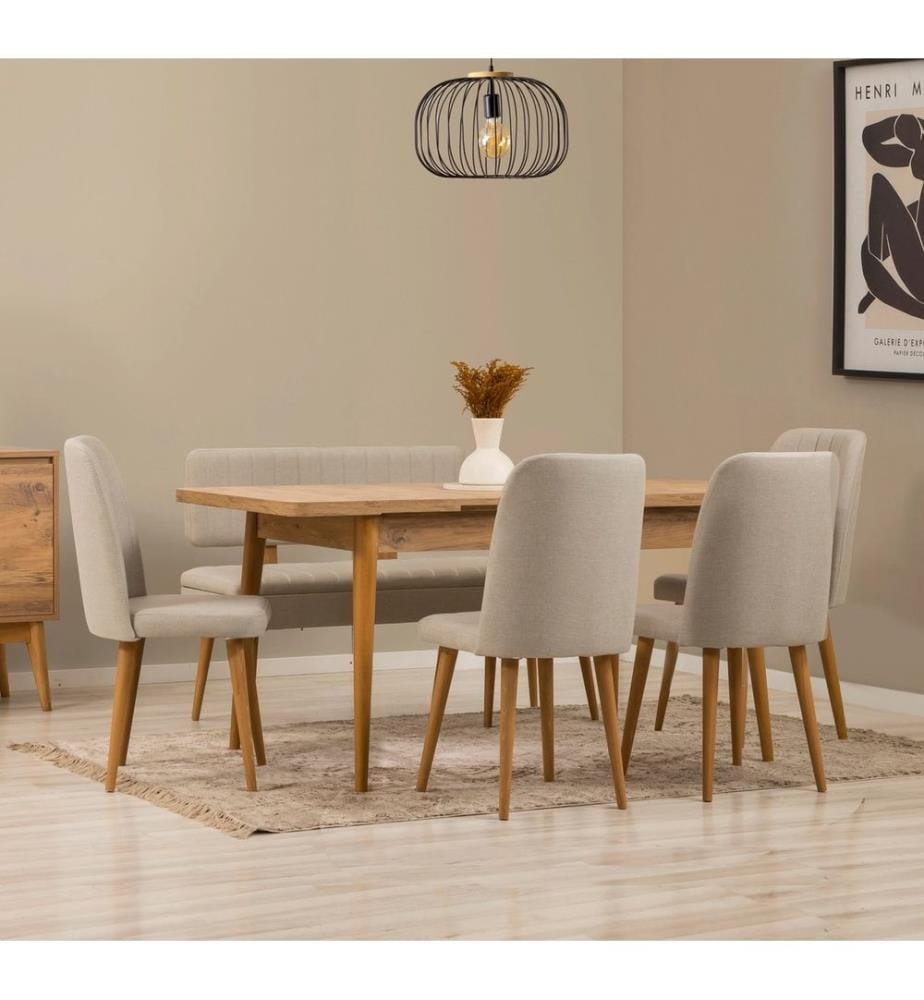 Ensemble table et chaises à rallonges, 6 pièces, pin atlantique, crème, 100% PARTICULES ENDUITES DE MÉLAMINE, tissu : 100% LIN, pieds en bois de charme