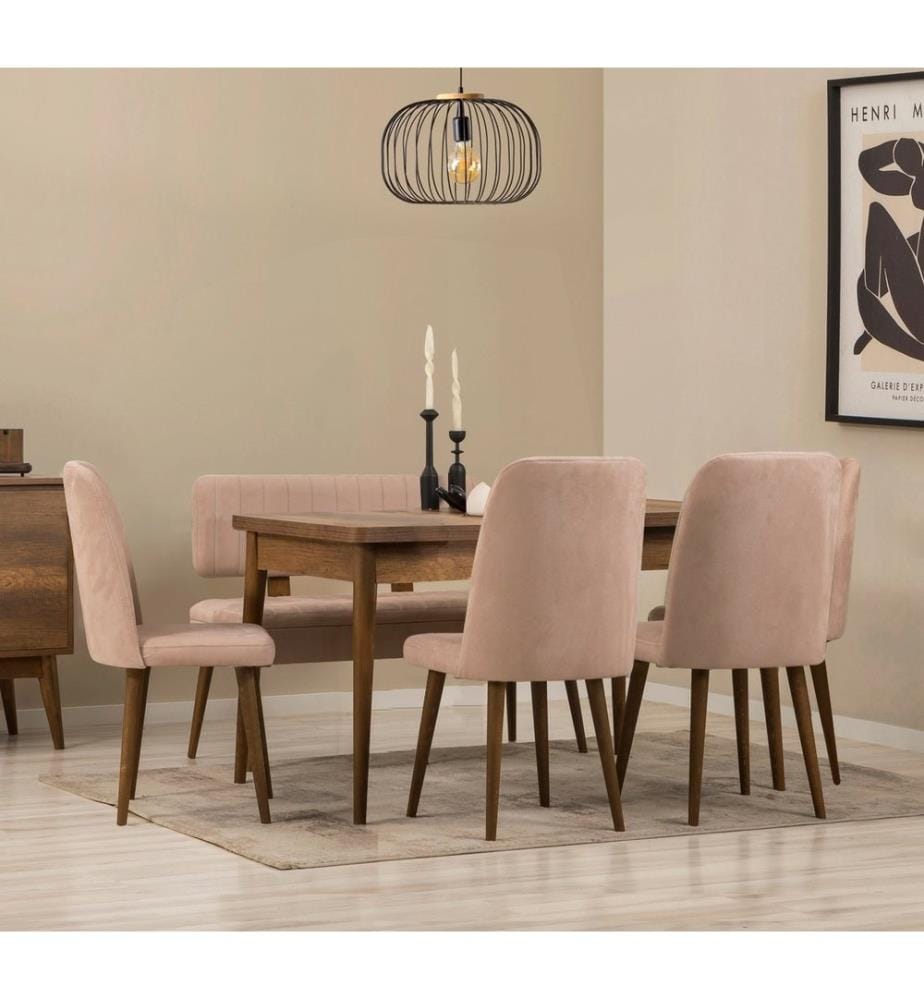 Ensemble table et chaises à rallonges, 6 pièces, noyer, pierre, 100% PARTICULES ENDUITES DE MÉLAMINE, tissu : 100% LIN, pieds en bois de charme