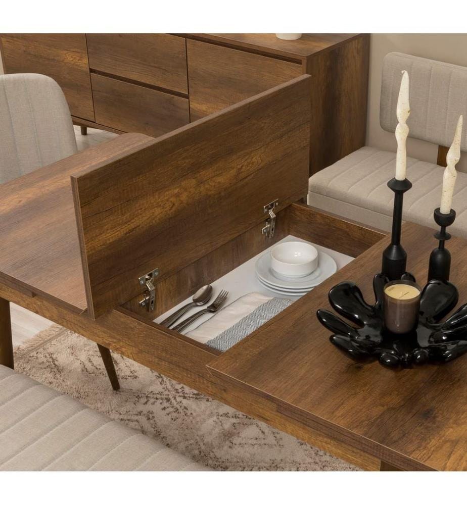 Ensemble table et chaises à rallonges, 6 pièces, noyer, crème, 100% PARTICULES ENDUITES DE MÉLAMINE, tissu : 100% LIN, pieds en bois de charme