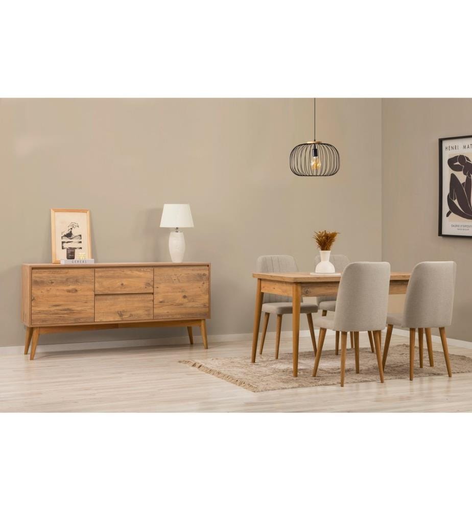 Ensemble table à manger extensible, chaises et console, 6 pièces, pin atlantique, crème, 100% panneau de particules recouvert de mélamine