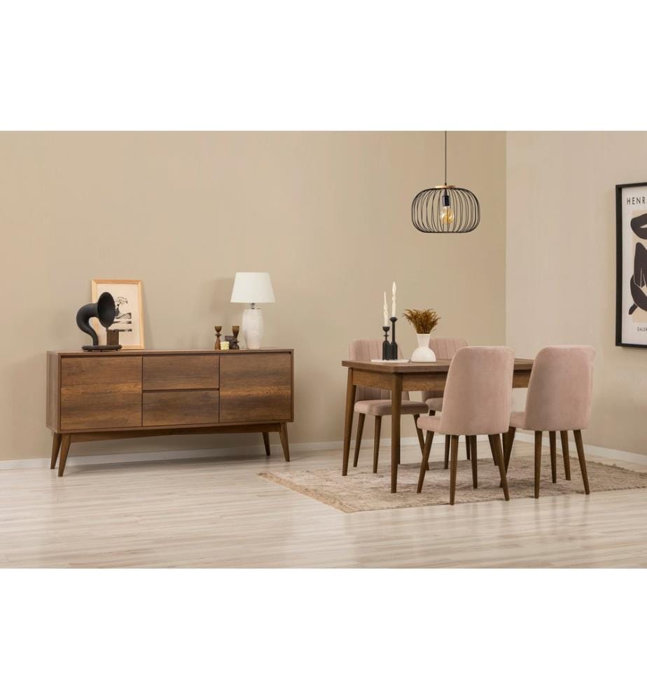 Set da pranzo allungabile con tavolo, sedie e consolle, 6 pezzi, noce, pietra, in truciolato rivestito in melamina al 100%.