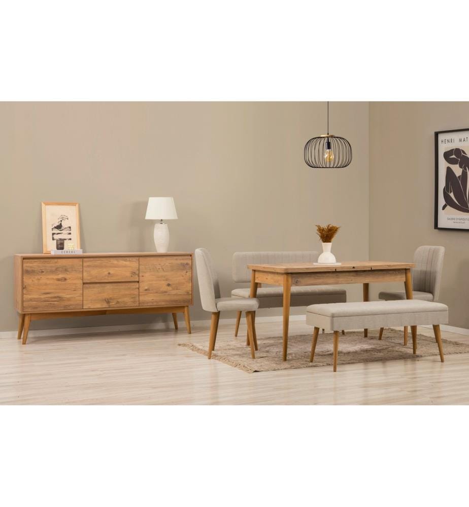 Ensemble table à manger extensible, chaises et console, 6 pièces, pin atlantique, crème, 100% panneau de particules recouvert de mélamine