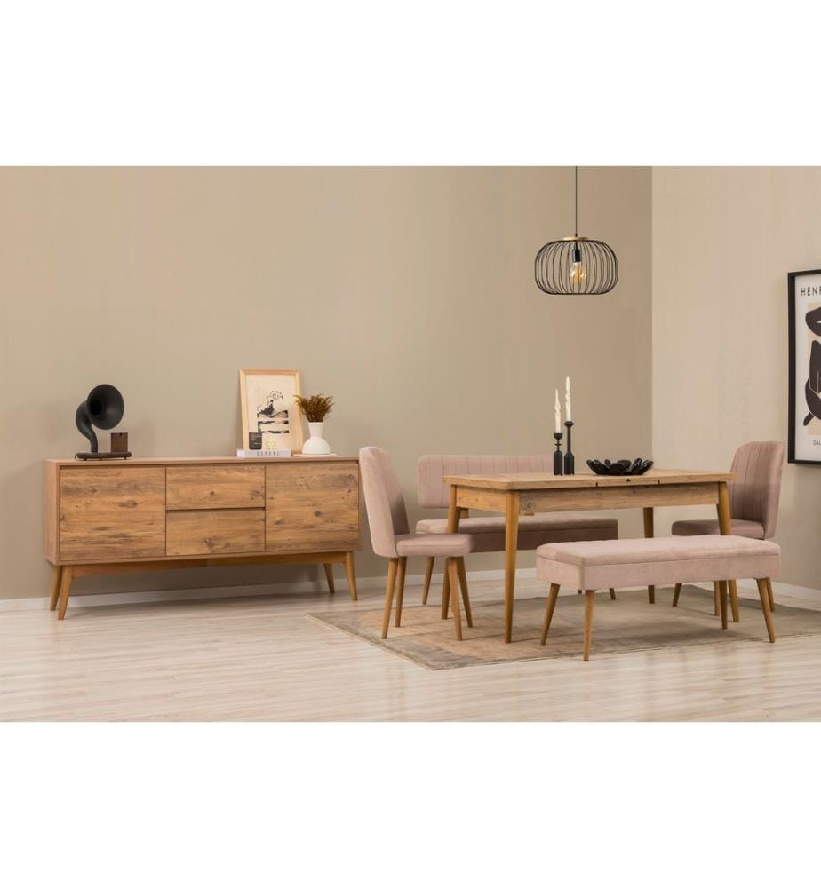 Set da pranzo allungabile con tavolo, sedie e consolle, 6 pezzi, pino atlantico, pietra, pannello di particelle rivestito in melamina al 100%.