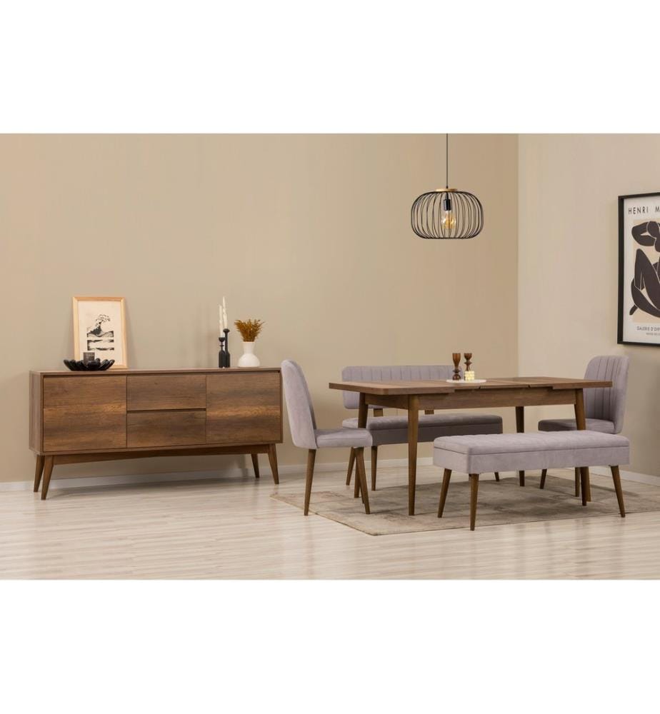 Ensemble table à manger extensible, chaises et console, 6 pièces, noyer, gris, 100% panneau de particules recouvert de mélamine