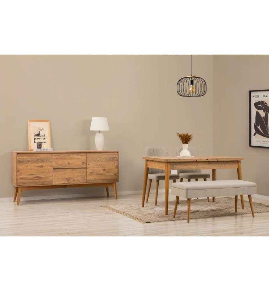 Ensemble table à manger extensible, chaises et console, 5 pièces, pin atlantique, crème, 100% panneau de particules recouvert de mélamine