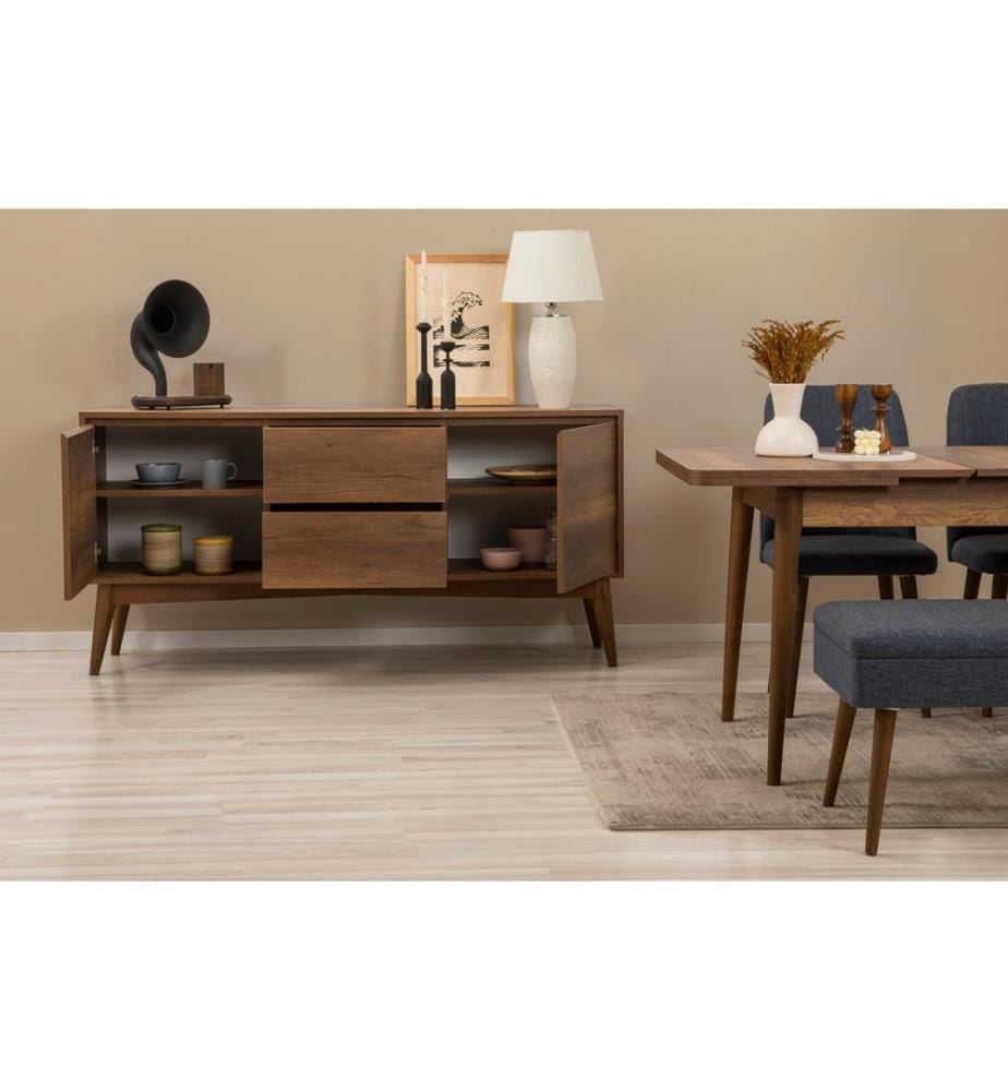 Set da pranzo allungabile con tavolo, sedie e consolle, 5 pezzi, noce, blu scuro, in truciolato rivestito in melamina al 100%.