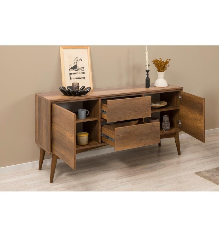 Set da pranzo allungabile con tavolo, sedie e consolle, 5 pezzi, noce, blu scuro, in truciolato rivestito in melamina al 100%.